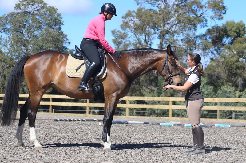 Katrin coaching a mounted rider beside an outdoor arena fence